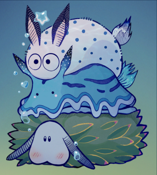 A leaf slug, a blue sea slug, and sea bunny stacked on top of eachother.