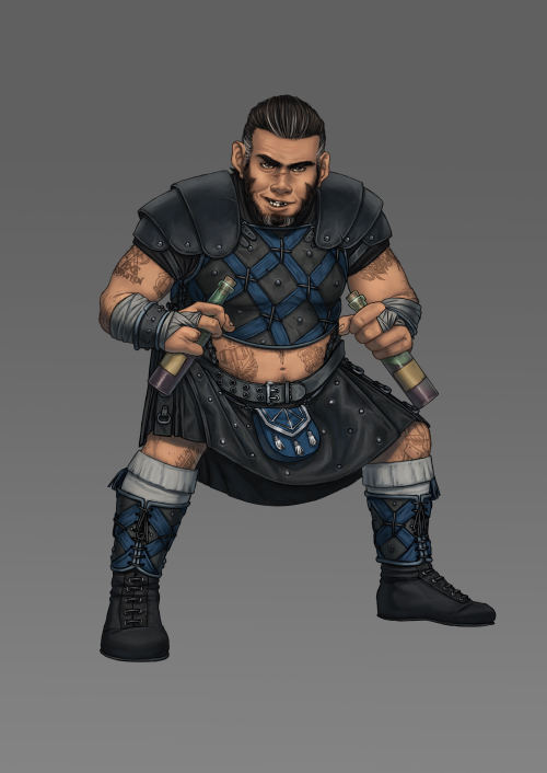 Rab "Aggy" Agg in black armor and a matching black studded kilt. His clothing has blue accents. He holds two bottles of red tonic wine, one in each hand.