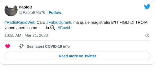 #RadioRadioWeb Caro #FabioDuranti, ma quale magistratura?! I FIGLI DI TROIA vanno aperti come 🐟 da 🍳. #Covid  — PaoloB (@PaoloBMb70) March 21, 2023