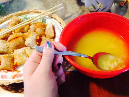 Dinner of champions (: pizza rolls an chicken rice soup hehe