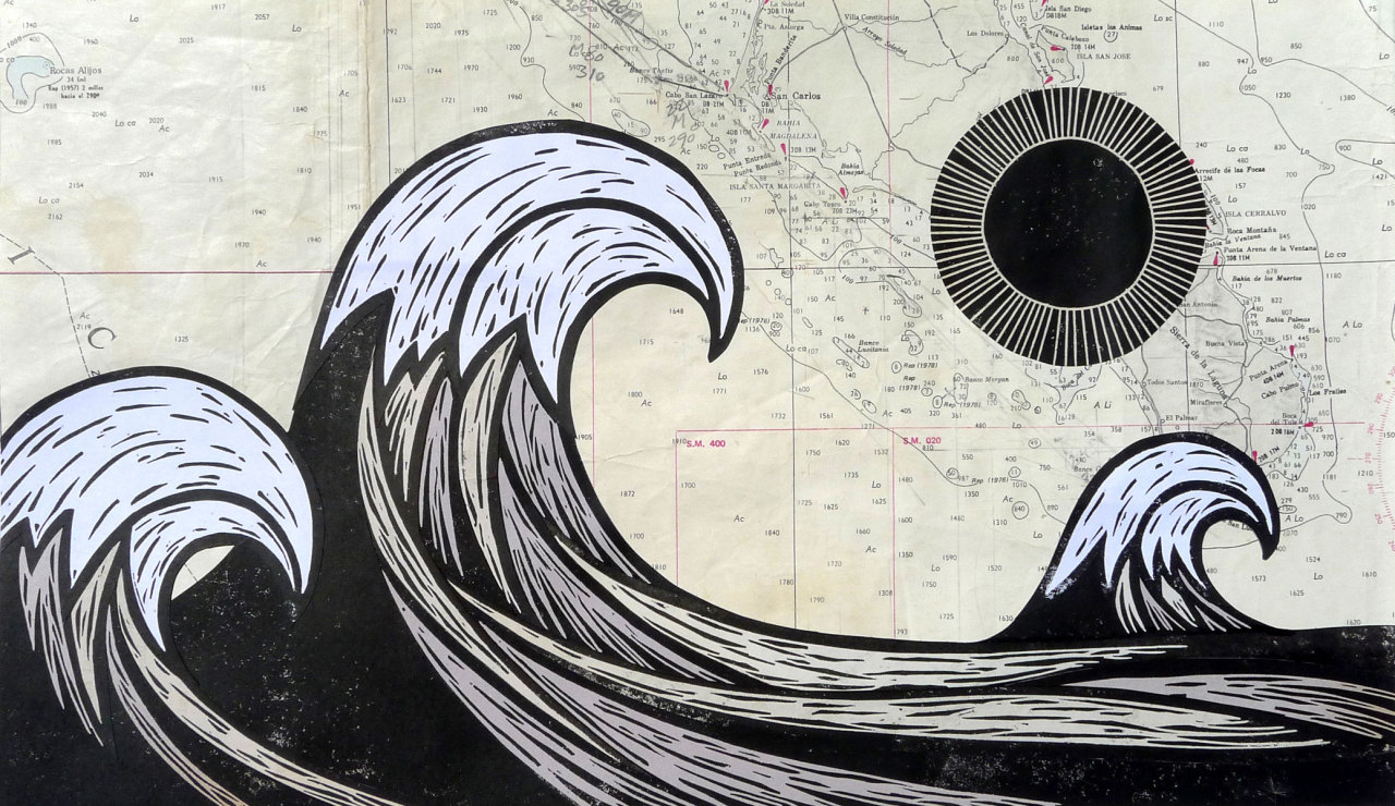 st-somewhere:  johnbfellows:  The Baja Sun / 17”x10” / linoleum carving collage