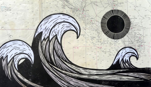st-somewhere:  johnbfellows:  The Baja Sun / 17”x10” / linoleum carving collage on used nautical chart / 2013  Baja Sun 