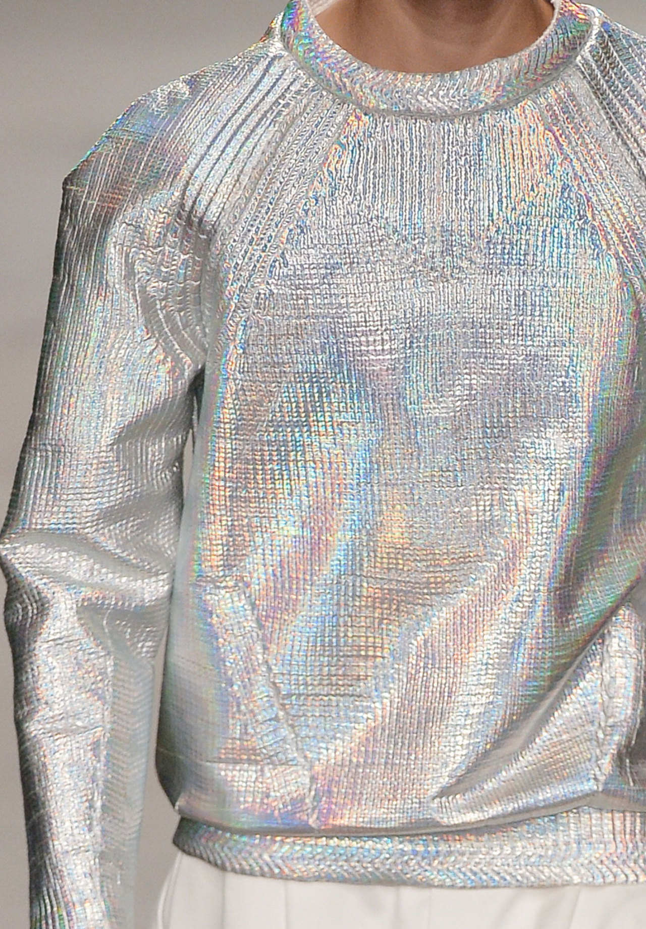 wgsn:  Iridescent silver sweatshirt at the Juun.J today 
