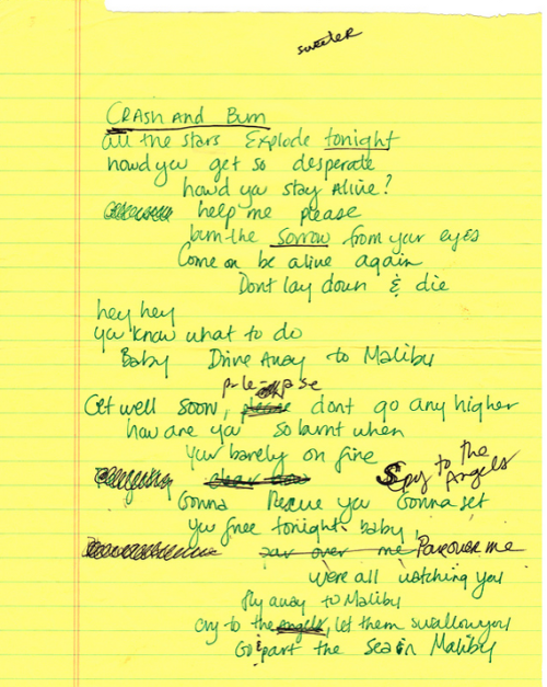 Courtneys Handwritten Malibu Lyrics From The Recording Studio. 1998.