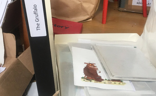 Axel Scheffler's box with original illustrations and development work for 'The Gruffalo'