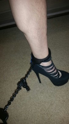 Cuffed an super high heels  This sissy just needs some cum spattered on my face #me