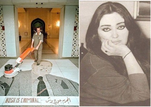 brazilia:  Speaking of western freedom of speech, meet the artist Laila Al-Attar who drew a caricature of George Bush the father that was printed on tiles and put at the entrance of Al-Rashid hotel where senior Iraqi officials stayed and held their press