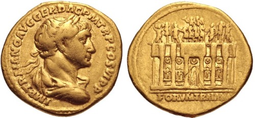 Aureus of the Roman emperor Trajan (r. 98-117 CE).  On the obverse, a bust of Trajan, crowned with a
