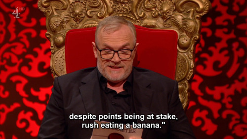 [ID: Three screencaps from Taskmaster. Reading from his notes, Greg Davies says, “Under pressure, Ri