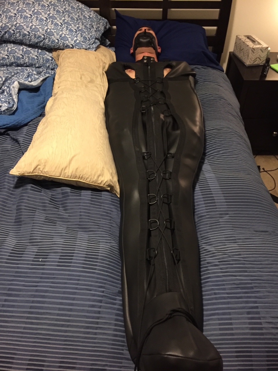 rbrlover:  @axxwolf being prepped for the night in the neoprene sleepsack. He stayed