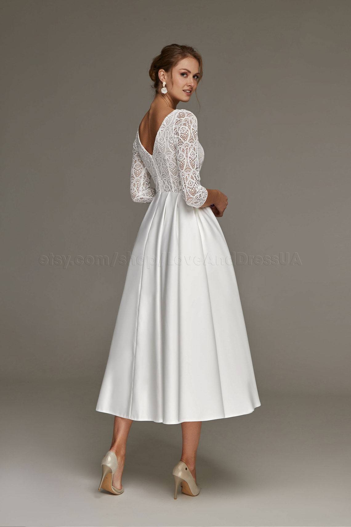 MERRY BRIDES — Long Sleeve Tea Length Wedding Dress Under $500