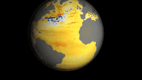 Between North America & Europe, satellites recorded a slow migration of the Gulf Stream northward. The falling sea surface off California & Mexico is due to the Pacific decadal oscillation.