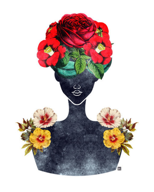 Flower Natural Hair Silhouette Art Print (0003), Rose Valentine Dark Fashion Portrait Illustration b