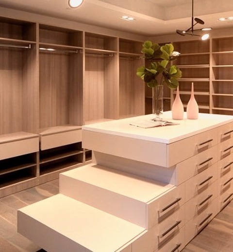 Walk-In Los AngelesLarge Minimalist Walk-in Closet Image With Open Shelves And Beige Cabinets In A Gender-neutral