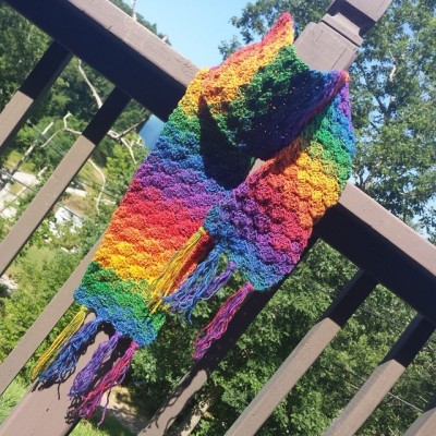 My Rainbow Shell Stitch Crochet Scarf is finally complete! It is now for sale right HERE! WOO-HOO!! #crochet #designsbyjennib #etsy #forsale #wearableart #rainbow #rainbowscarf #crochetrainbow