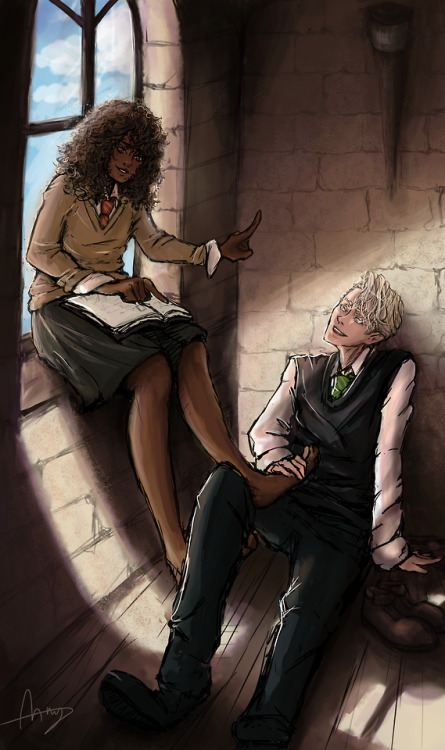 saulaie:Hermione reminding Draco why he lost their nerdy bet and now has to massage her feet, some D