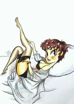 sandrarivasart:  Girl on Bed pinup, painted