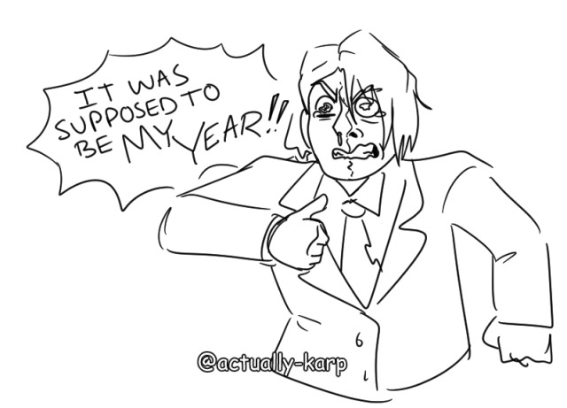 Harvey is angrily crying, he is saying, "It was supposed to be MY YEAR!!" The drawing itself is only black line art on a white background. Harvey is drawn from the waist up.