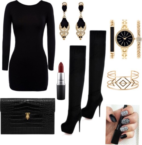 Murder Scene.  by thefashaenistafiles featuring skull earringsLong sleeve dress / Black suede boots 