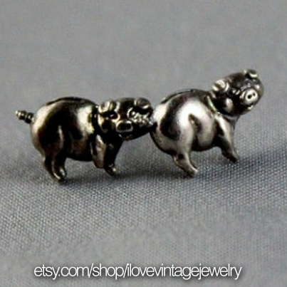 Vintage Sterling Silver Pig Stud Earrings
