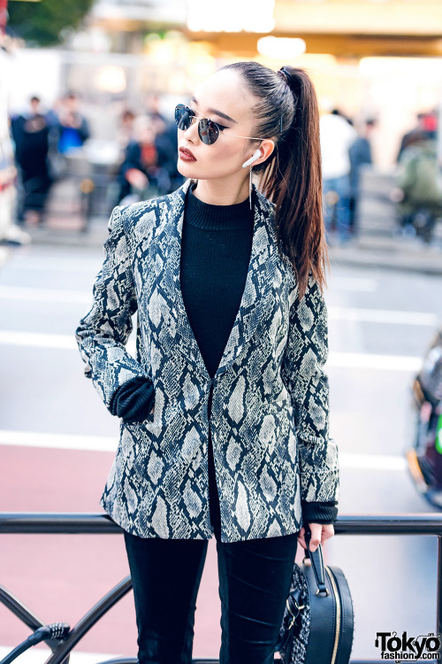 tokyo-fashion:Japanese nurse Saya on the street in Shibuya wearing an Alice & Olivia snakeskin p