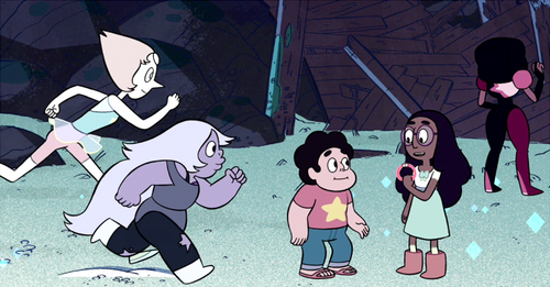 someteenslounge:  Pearl and Amethyst running over to Steven to embarrass him in front