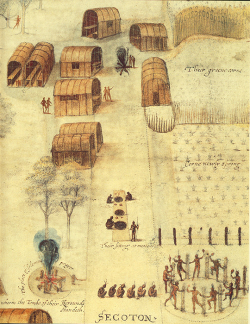 John White’s 1585 painting of a “Village of the Secotan Indians in North Carolina.” White’s images o