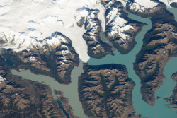 mucholderthen:  [1] Perito Moreno Glacier (Argentina)Photographed by astronauts on the International Space Station,February 21, 2012 - an Earth Observatory Image of the Day  One of the largest in Patagonia at 30 kilometers long, this glacier descends