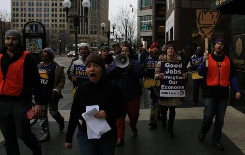 Columbus janitors and their allies rally downtown on Monday, January 28, asking the Columbus busines