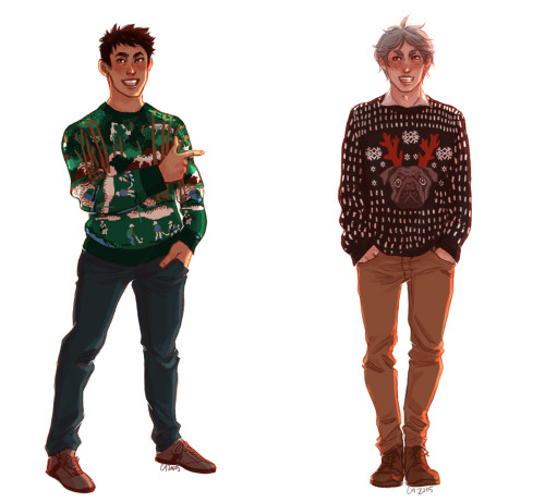 kevinkevinson:  Happy Holidays! Ugly sweaters galore!Oikawa&IwaizumiDaichi&SugaKuroo&KenmaBokuto&AkaashiKageyama&HinataMatsukawa&Hanamaki