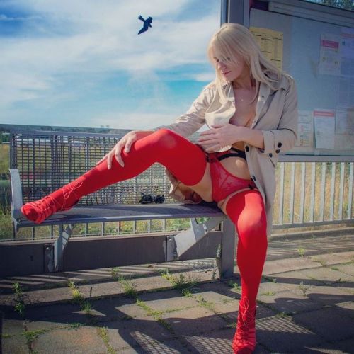 Red stockings with Garterbelt, Red panties, Red heels, trenchcoat and no bra! ⏩⏩watch a Video of thi