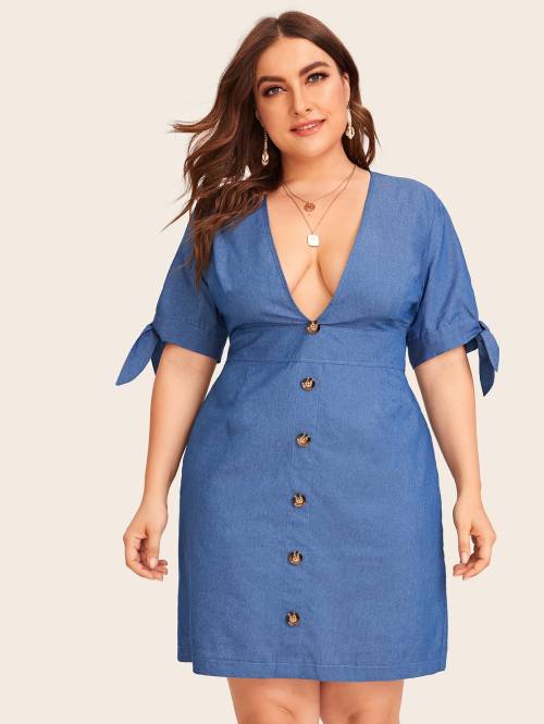 Shein plunging neck button front knotted cuff denim dress