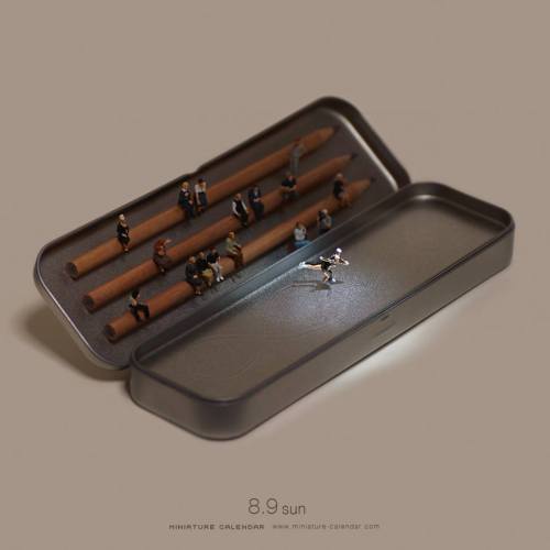 crossconnectmag:   Miniature Calendar Japanese artist Tanaka Tatsuya (featured previously) creates miniature diorama for daily calendar since 2011. His artwork titled “miniature calendar”  depicts diorama-style toy people with household items, including