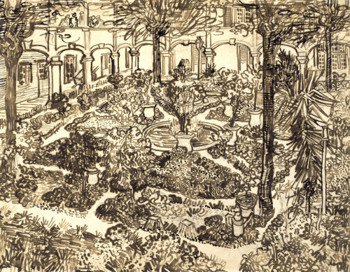 dappledwithshadow:Vincent van GoghGarden of the HospitalArles, May 1889pencil, reed pen and pen and 