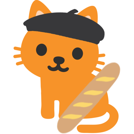 Baguette cat for @raven-system Reblogs appreciated. [ID] The “bean” google style cat emoji wearing a beret and holding 