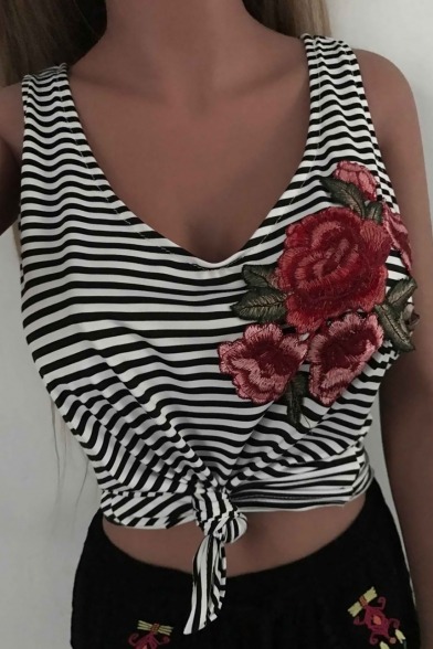 free-traveler-fans: Chic Girl’s Tops Collection  Floral Embroidered Striped Tank