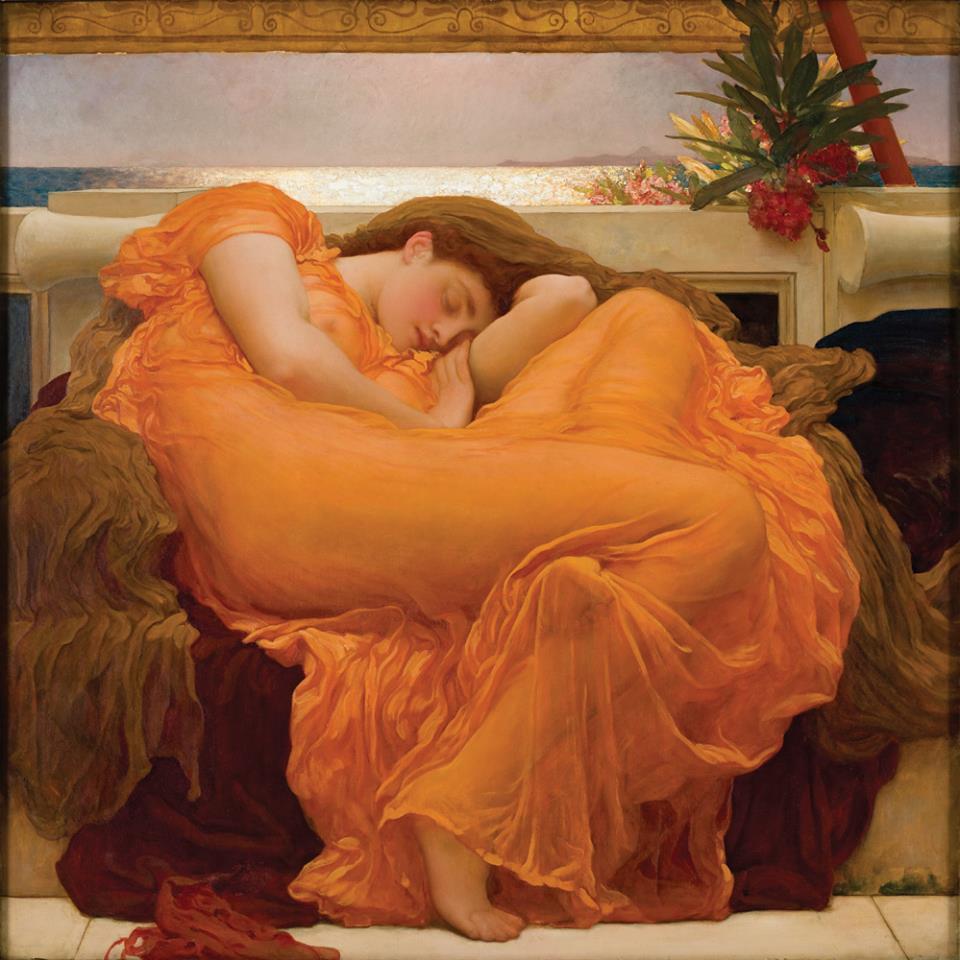 Sir Frederic Leighton
(British; Romanticism, Pre-Raphaelite, 1830-1896):
Flaming June, 1895.
Oil on canvas, 46-7/8 x 46-7/8 inches (119 x 119 cm).
Museo de Arte de Ponce, Puerto Rico