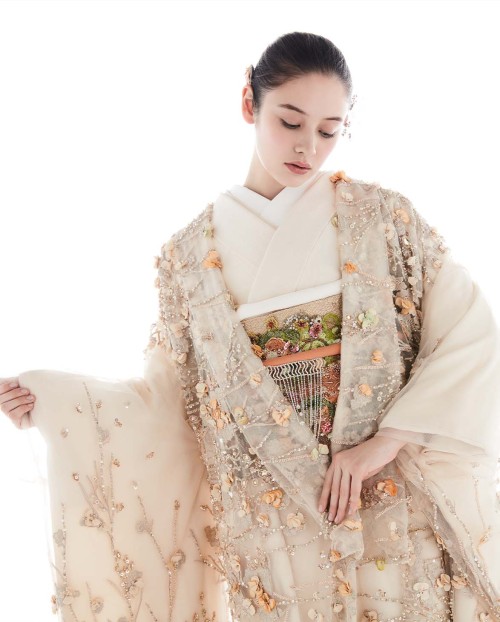 Modern high fashion bridal kimono attires by Couture garden Yui (Takami Bridal collab). Sheer uchika