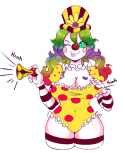 naughtyjester:  Someone’s made a blatant pallette swap of Miss Honker, claiming it as their own character, “Fumbles the Clown.” I don’t know who is responsible, but counterfeit OCs? That’s pretty low, man. Don’t think I didn’t notice. -n-