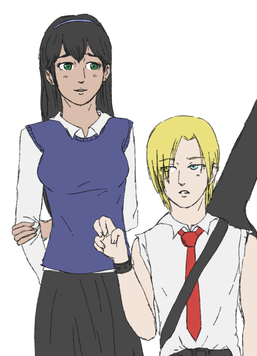 I haven’t draw in a while~ So here you have a beruani doodle, genderbend version (high school, messe