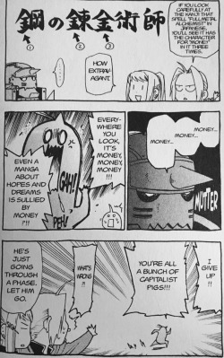 accidentalgreed: “You’re all a bunch of capitalist pigs!!!” Fullmetal Alchemist Hiromu Arakawa