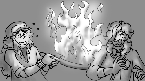 A greyscale drawing of N and Arven. N is holding a saucepan that's burst into flames, both of them recoiling away from it in fear.