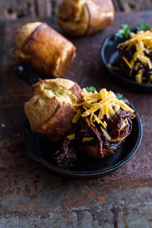 do-not-touch-my-food:BBQ Beer Pulled Chicken with Cheddar Corn PopoversOoh, baby, WANT. hazelhills,