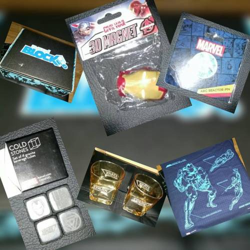 January Nerd Block #nerdblock #starkindustries whisky tumblers stones #arcreactor pin #ironman mask magnet and T-shirt