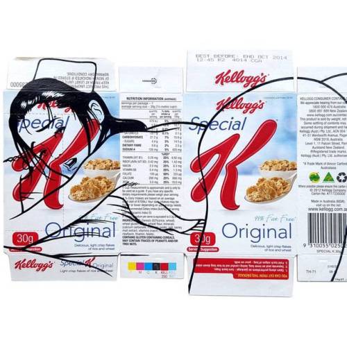 benfrostisdead: ‘Light Crisp Flakes’ acrylic on cereal package. #benfrost #art #kellogs