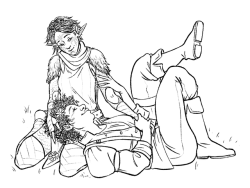 serenity-fails:lineart commission for @heavenly-hash of her Hawke and Merrill! honestly I’d love to come back later and color this, they’re the cutest &lt;3