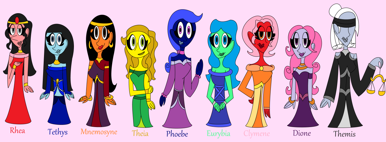 Since I already did some Concept Designs of the Titans from Greek Mythology, here are the Final Designs for The Titanesses (including Poseidon’s Mother, Rhea) (saving Ops and even some fan-made Roman Names for the Other Titanesses that I will come up...