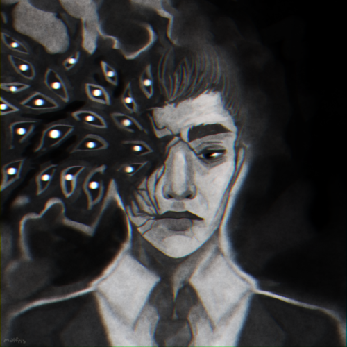 malfrisart:hunger.[image description: a grayscale drawing of John from the shoulders up against a bl