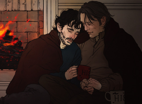 hcnnibal:  @cltus commissioned me to do some soft husbands cuddling and holding hands by a fire place ft. cheesy matching mugs ;A;