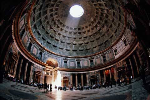 sporadicq:  The Oculus (top) in the dome of the Pantheon, Rome. Open to the weather, the oculus allo